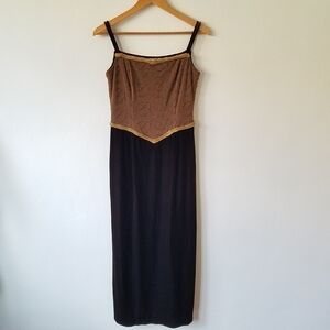 Vtg Y2K Velvet Mesh Square Neck Grunge Whimsigoth Midi Brown Dress